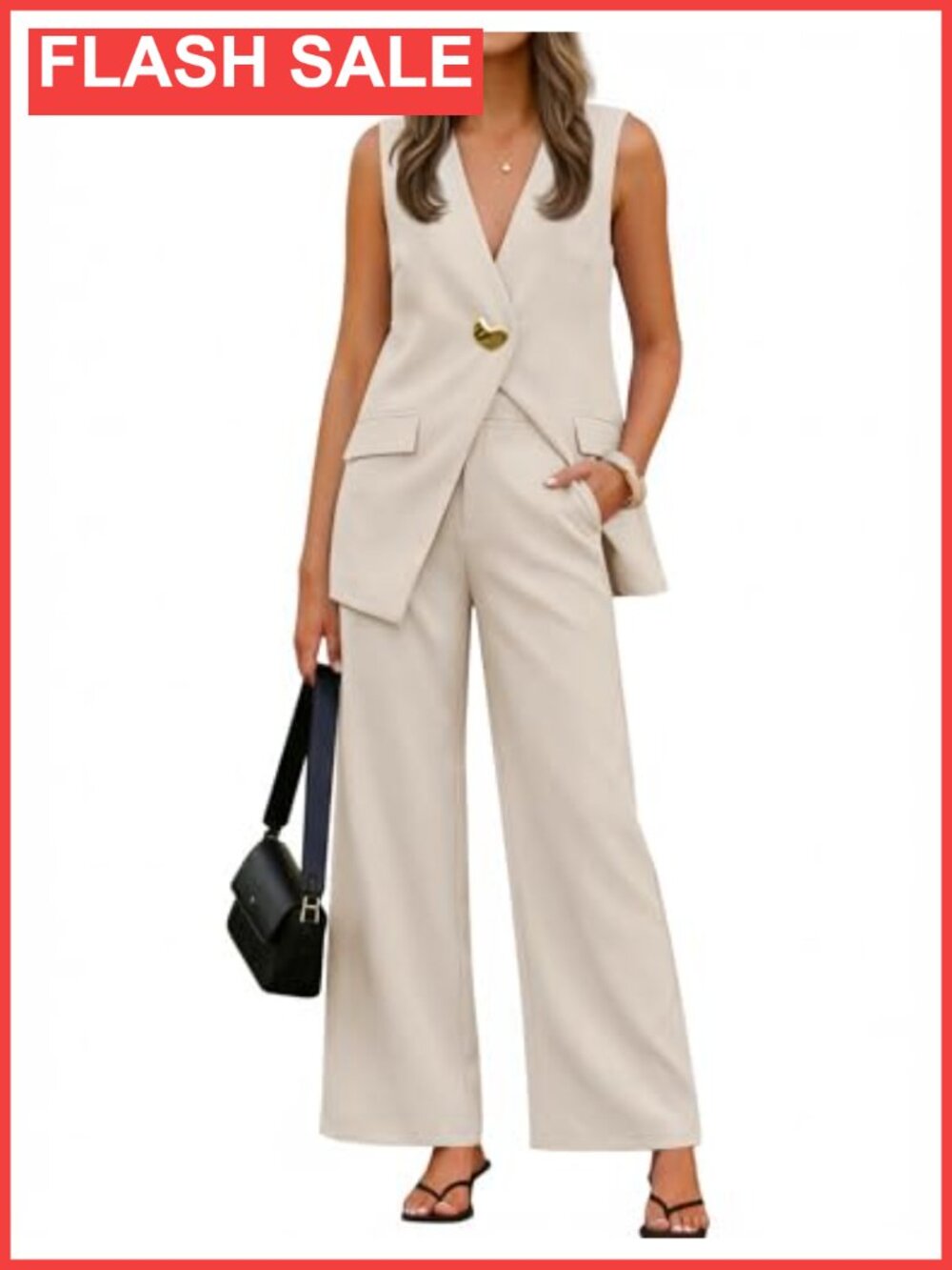 Women's 2 Piece Blazer Suit Set Sleeveless Top Wide Leg Pants